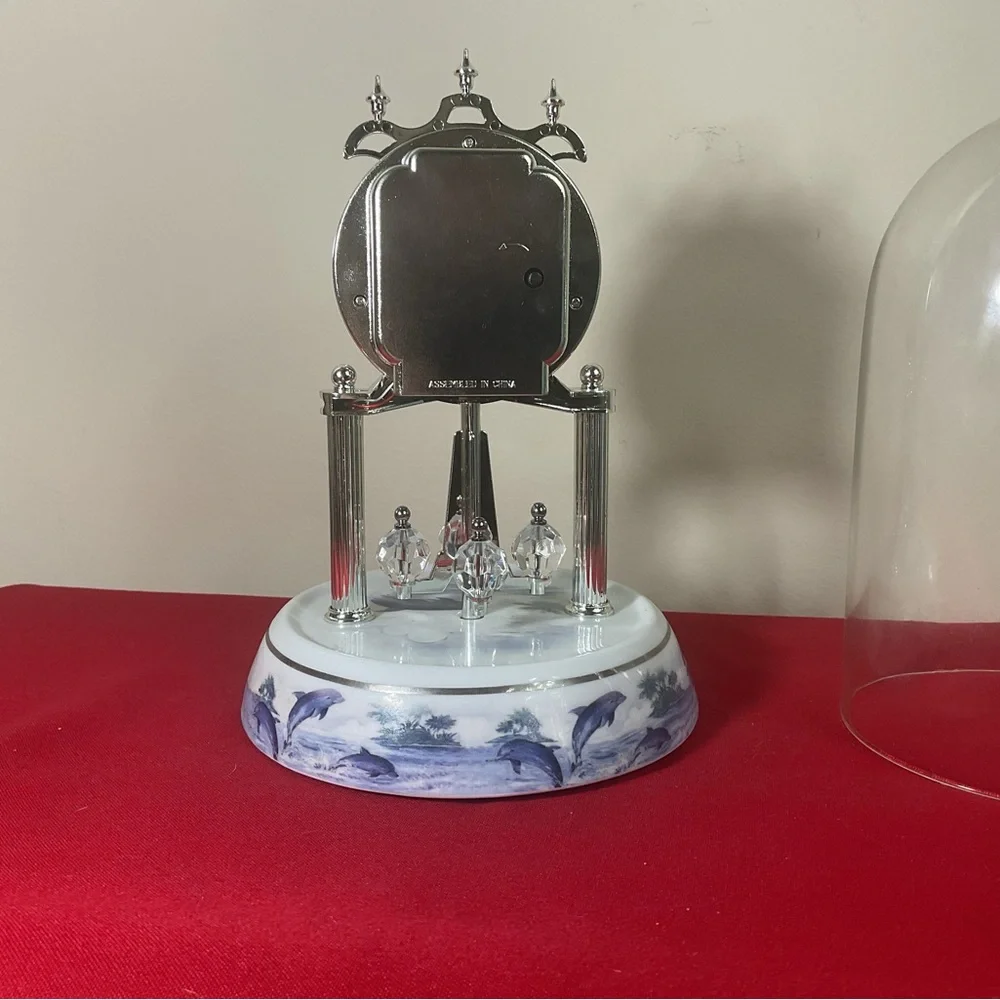 Waltham Dolphin Anniversary Clock Under Glass Dome Spinning Pendulum Working